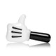 Side view of glossy white cartoon hand glass pipe with black accents, compact retail smoke gear item
