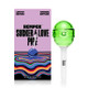 Front view green lollipop pipe standing beside Hemper Sucker 4 Love retail box, head-shop supplies photo