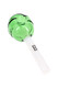 Angled close-up of green lollipop glass hand pipe with white stick mouthpiece, wholesale counter add-on