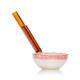 Ramen bowl glass hand pipe side view with amber chopstick mouthpiece and red rim graphic, retail smoke gear