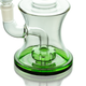 Close-up of green showerhead perc inside hourglass bong base, detail shot for smoke shop resale