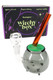 Witchy Box packaging behind 6" cauldron bong with green glow top and amber mouthpiece, smoke shop display