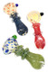 Assorted 3.5" silver-fumed dotted bowl spoon pipes in red, blue, and green—wholesale glass pipe lineup