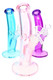 Three 8.5" curved glass-on-glass water pipes in blue, pink, and purple; wholesale glassware assortment