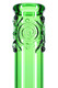 Green glass neck close-up with spiral maria and black accents—wholesale water pipe detail for smoke shop displays.