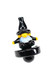 Black glass wizard carb cap with yellow hands and blue robe, front angle—wholesale dab accessory for shops