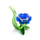 Angled view of green glass Sherlock hand pipe with blue flower bowl cap, compact wholesale hand pipe option