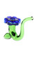 Green Sherlock-style glass hand pipe with blue flower-top bowl, side view for head-shop supplies merchandising