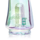 Close-up of lower chamber and green Hemper “H” logo on iridescent glass, wholesale Puffco accessory detail