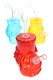 Assorted 5.5" glass takeout oil burner rigs in red, blue, and yellow, angled group shot for wholesale smoke shop displays