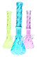 Assorted 15" twisted glass beaker water pipes in blue, pink, and green for wholesale smoke shop showcases