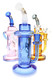 Assorted 10" wholesale recycler water pipes in blue, pink, and amber with curved necks and showerhead percs.