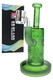 Green 8" wholesale dab rig with frosted biotech pattern, clear banger, and branded box for showcase display.