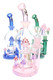 Assorted pink, blue, and green wholesale water pipes with neon mushroom accents and inline perc chambers.