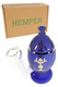 Wholesale glass bong with frosted blue jeweled egg body, clear bowl, and HEMPER retail box in angled front view