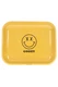Large yellow Goody Glass metal rolling tray for smoke shop resale, top-down view with black Big Face graphic
