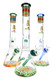 Wholesale 16" beaker water pipes with rasta decals, colored bases and clear glass bowls in group view.