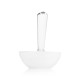 Rear view of white cereal bowl hand pipe with clear upright mouthpiece and rounded bowl shape
