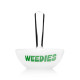 White Weedies cereal bowl glass hand pipe with green logo and upright clear mouthpiece
