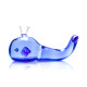 Blue glass whale hand pipe side view with clear top bowl and purple fin accents