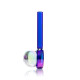 Blue and clear bubble wand glass hand pipe shown in side profile with upright handle