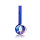 Blue electroplated bubble wand hand pipe angled to show front bowl, side carb, and handle decal