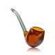 Amber glass Sherlock pipe shown angled to display tall bowl, curved mouthpiece, and badge detail