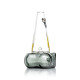 Tornado glass hand pipe angled to show clear tapered mouthpiece, smoky base, and side carb