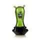 Green space monster glass hand pipe front view with black saucer base and multi-eye face decal