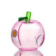 Pink peach-shaped glass hand pipe with green stem, leaf detail, and Goody Glass sticker