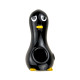 Black penguin-shaped glass hand pipe with yellow beak, yellow feet, white eyes, and front bowl
