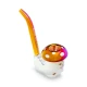 Angled top view of Enlightened Nermal sherlock pipe with amber mushroom cap bowl and white spots