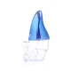 Rear side view of Hemper gnome hand pipe showing iridescent blue hat and clear upright body