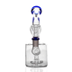 Front view of clear showerhead puck water pipe with cobalt blue accents, removable flower bowl, and internal filtration chamber