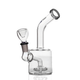 Three-quarter view of clear showerhead puck bong featuring smoke-colored trim, compact cylindrical chamber, and angled neck