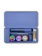 Overhead open Sapphire Puffco Travel Case holding Pivot, Hot Knife, jars, cotton swabs, and container