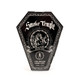 Closed Smoke Temple coffin box with refined white rolling paper and 1 pre-rolled cross cone label