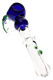 7" clear glass hammer bubbler with blue bowl and colorful lizard design on the body