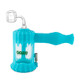 Aqua teal Ooze Clobb configured with quartz banger attachment for concentrate use beside titanium accessory mount
