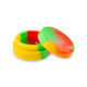 Round silicone storage container in red, yellow, and green Rasta color pattern with matching lid removed