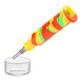 Rasta color silicone dab straw with titanium tip and matching glass dish accessory shown for concentrate setup
