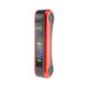 Angled view of red Ooze Hinge Flick 210 mAh battery displaying digital screen and foldable concealed-cart design