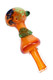 5" gold fumed glass spoon pipe with green leaf accent, amber body, and multicolor swirl bowl shown at an angled view