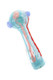 5" light blue frit glass spoon pipe with pink, white, and red squiggle accents and lavender glass marble details shown at an angled view