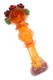 5" gold fumed frit glass spoon pipe with amber body, red frit mouthpiece, and raised marble accents shown at an angle