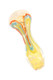 4-inch color-changing glass spoon pipe featuring multicolor squiggle striping, translucent amber glass, and raised dot accents on the bowl and handle.