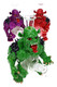 Green, purple, and red monster water pipes with clear glass chambers, black shoulder spikes, and glass bowls