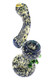 Blue and amber color changing frit Sherlock glass bubbler shown from front angle with green decorative glass accents