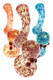 Assorted 5.5" color changing frit Sherlock glass bubblers with decorative glass accents displayed for smoke shop showcases