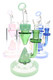 Three 6B Glass water pipes with pink, green, and blue accents, cone percolators, curved necks, and glass bowls